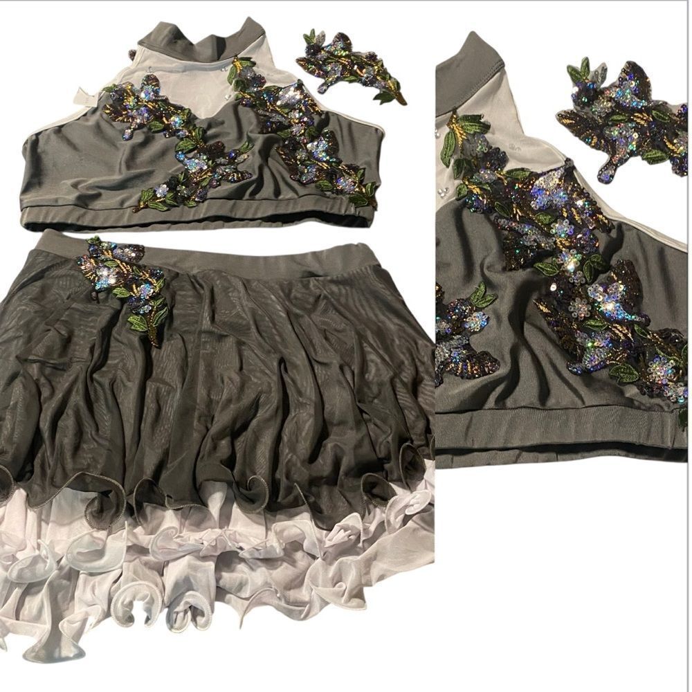 Glamour solo 2 piece dance costume gray lyrical embellished XLA XL adult